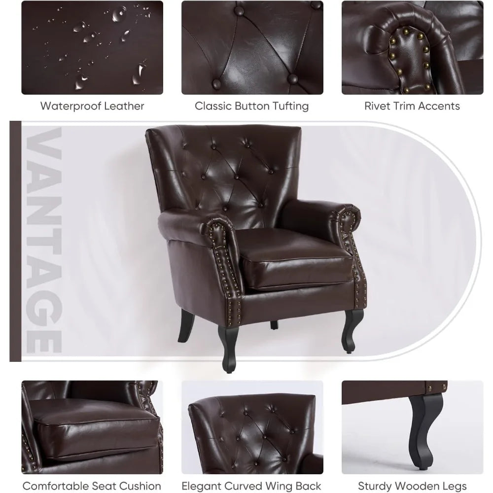 PU Leather Accent Chair Mid Century Modern Wing Back Club Chair