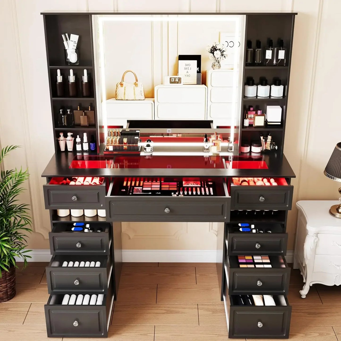 Ljustra Vanity Desk with Mirror and Lights 9 Drawers Dressing Table