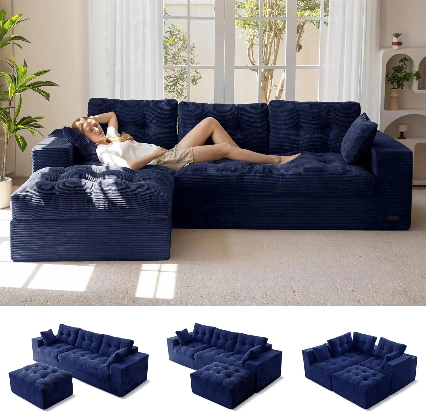 L-Shaped Sectional Sofa Convertible Ottoman Modular Couch Tufted Upholstered