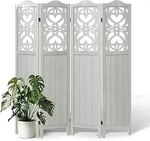 4 Panel Wood Carved Room Divider Folding Privacy Screen 5.6FT Tall