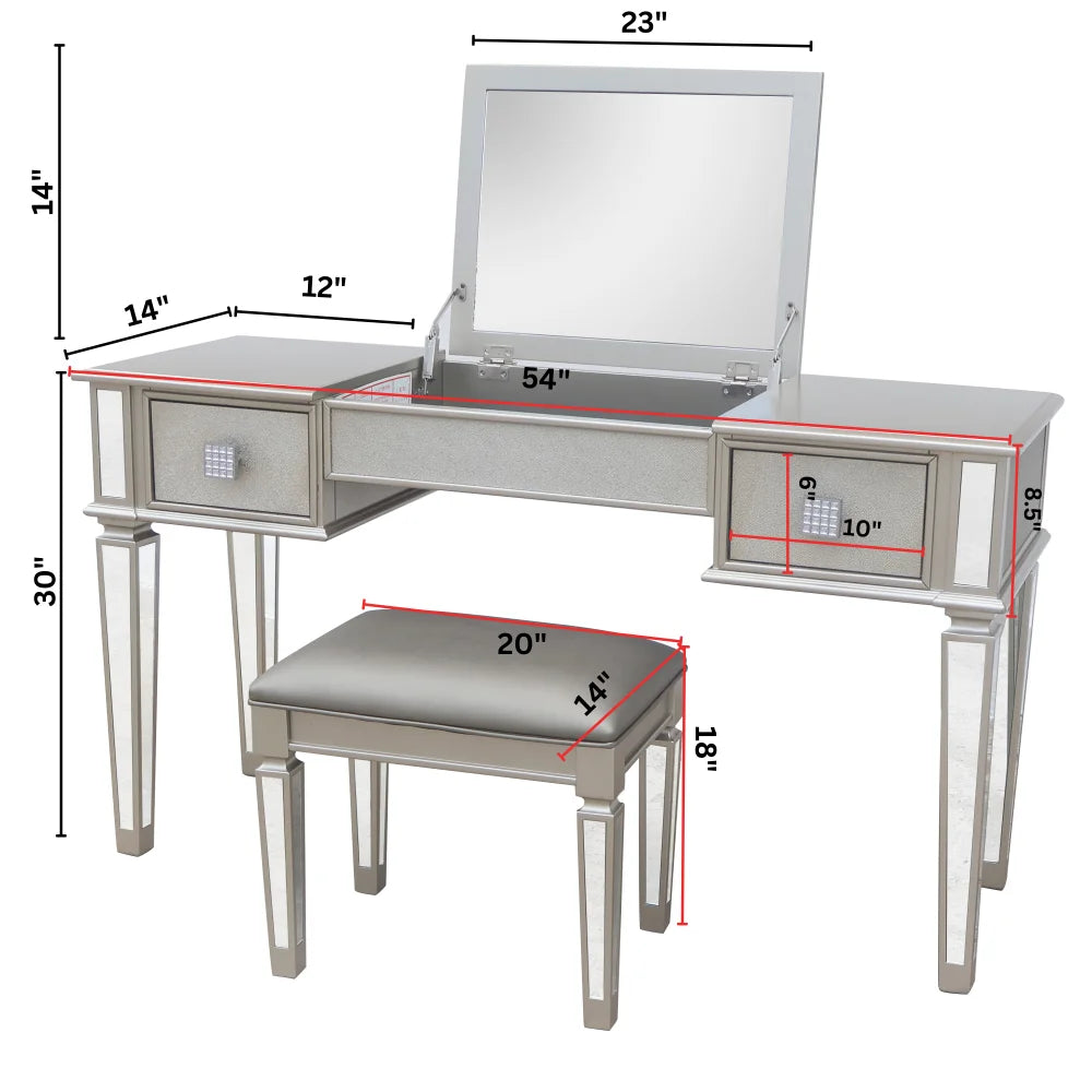 Luxury Mirrored Vanity Desk Set with Stool and Drawer Storage for Bedroom