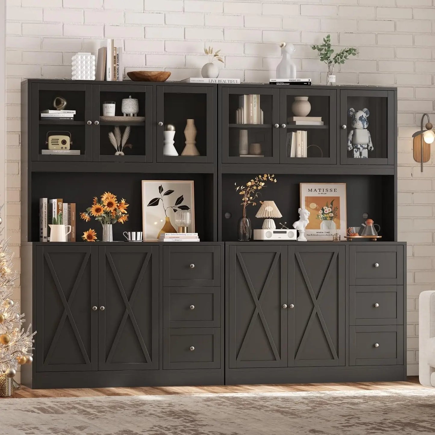 Kitchen Pantry Hutch with Microwave Stand Boho Storage Cabinet