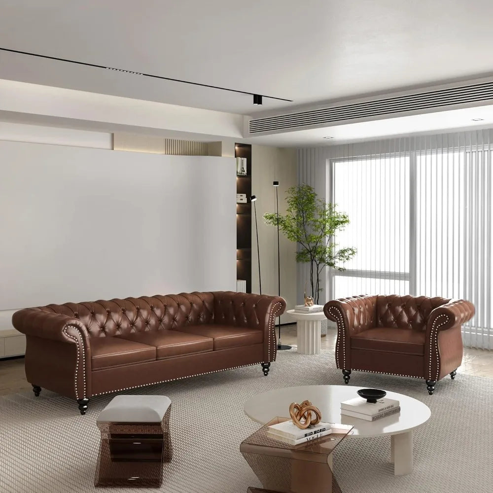 Ljustra Chesterfield 3-Seater Sofa Modern Leather Tufted Couch