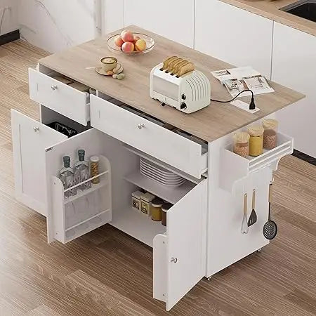 Kitchen Island with Storage on Wheels Drop Leaf Power Outlet Rolling Cart