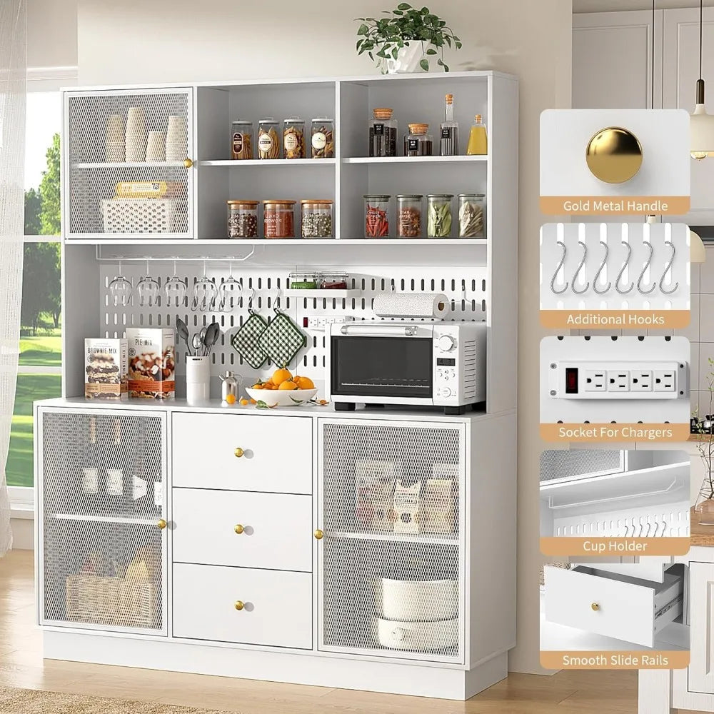 Large Kitchen Hutch Cabinet Pantry Storage with Metal Doors & Pegboard
