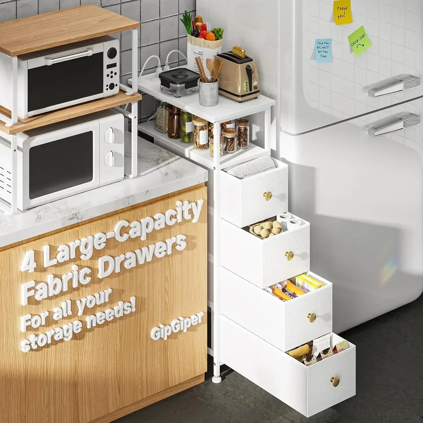 Narrow Dresser with Charging Station 4 Fabric Drawers Slim Chest