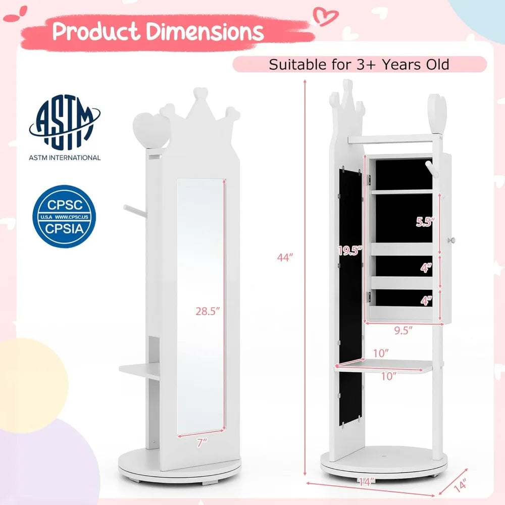 Kids Jewelry Armoire 360° Swivel Cabinet Full Length Mirror Garment Rack