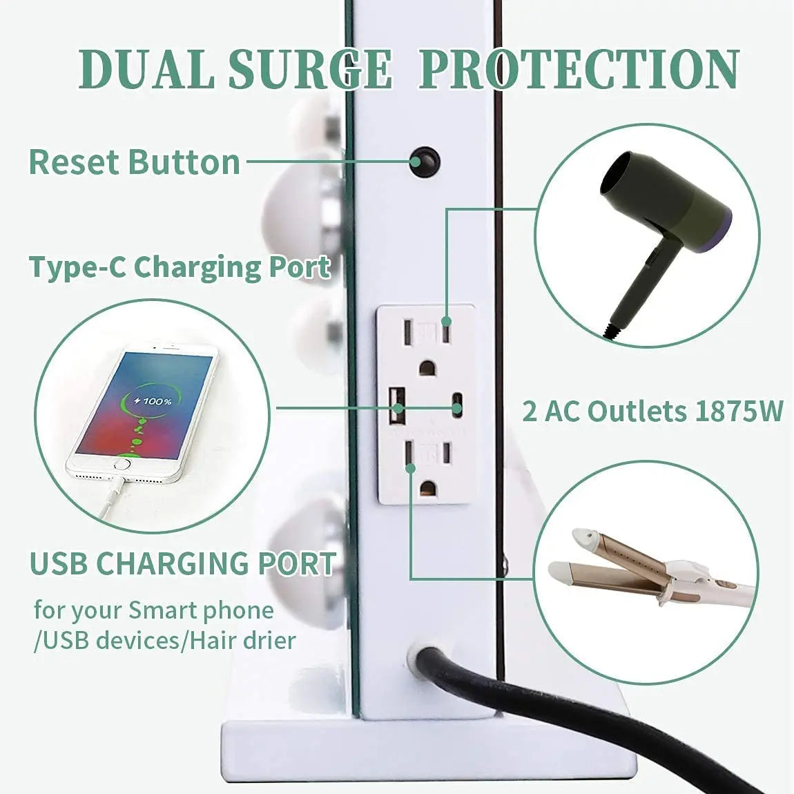 Large Hollywood Makeup Mirror with 18 LED Bulbs and USB Charging Port