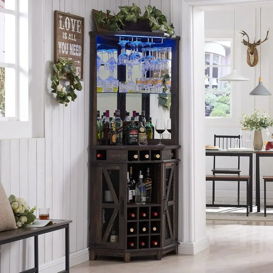 Ljustra Corner Bar Cabinet 72" Tall Farmhouse Wine Storage with LED Light