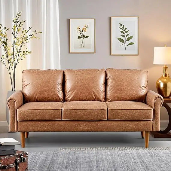 Luxury 3-Seater Suede Faux Leather Sofa Mid-Century Modern Couch