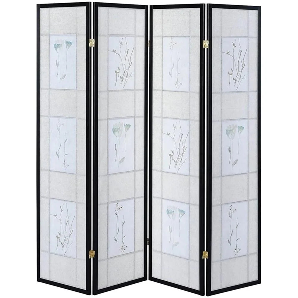 Traditional Wood Four Panel Floral Folding Room Divider Privacy Screen