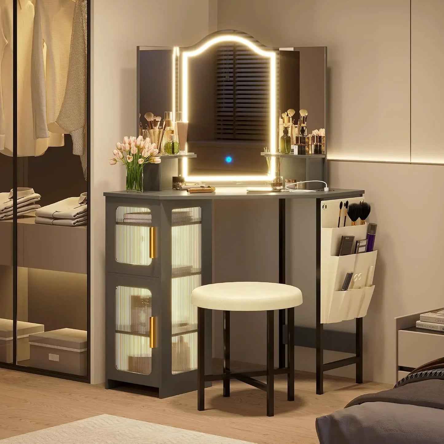 Corner Vanity Desk with Mirror LED Lights Makeup Charging Station