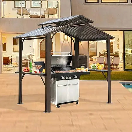 Domi 8x5FT Hardtop Grill Gazebo BBQ Canopy with Side Shelves Hook