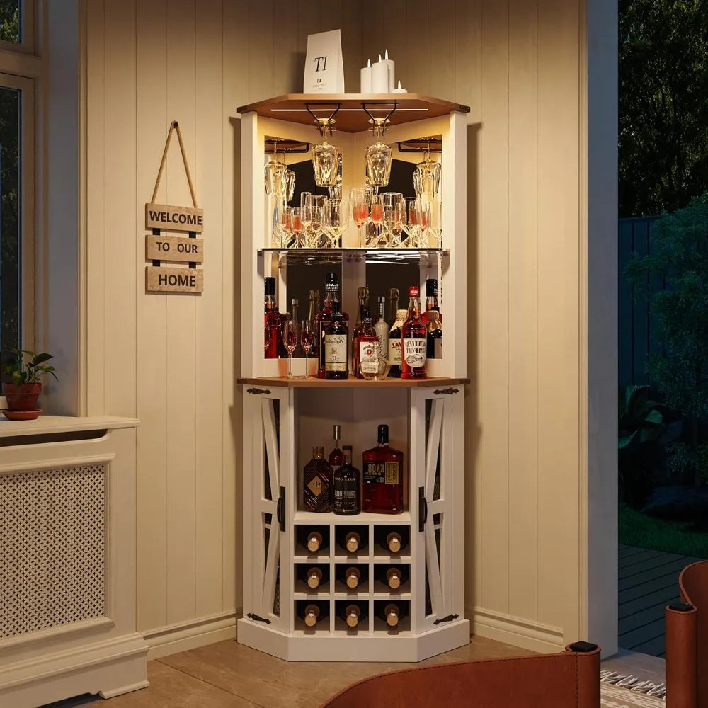 Corner Bar Cabinet 72 Inch Wine Storage LED Lights Glass Rack Coffee Station