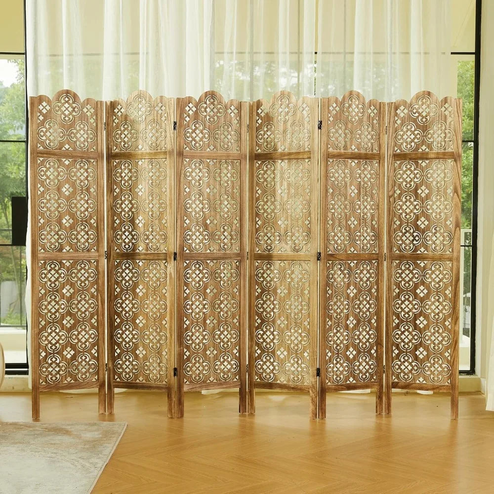 68.9Inch Folding Room Divider 6 Panels Wood Carved Privacy Screen Decor