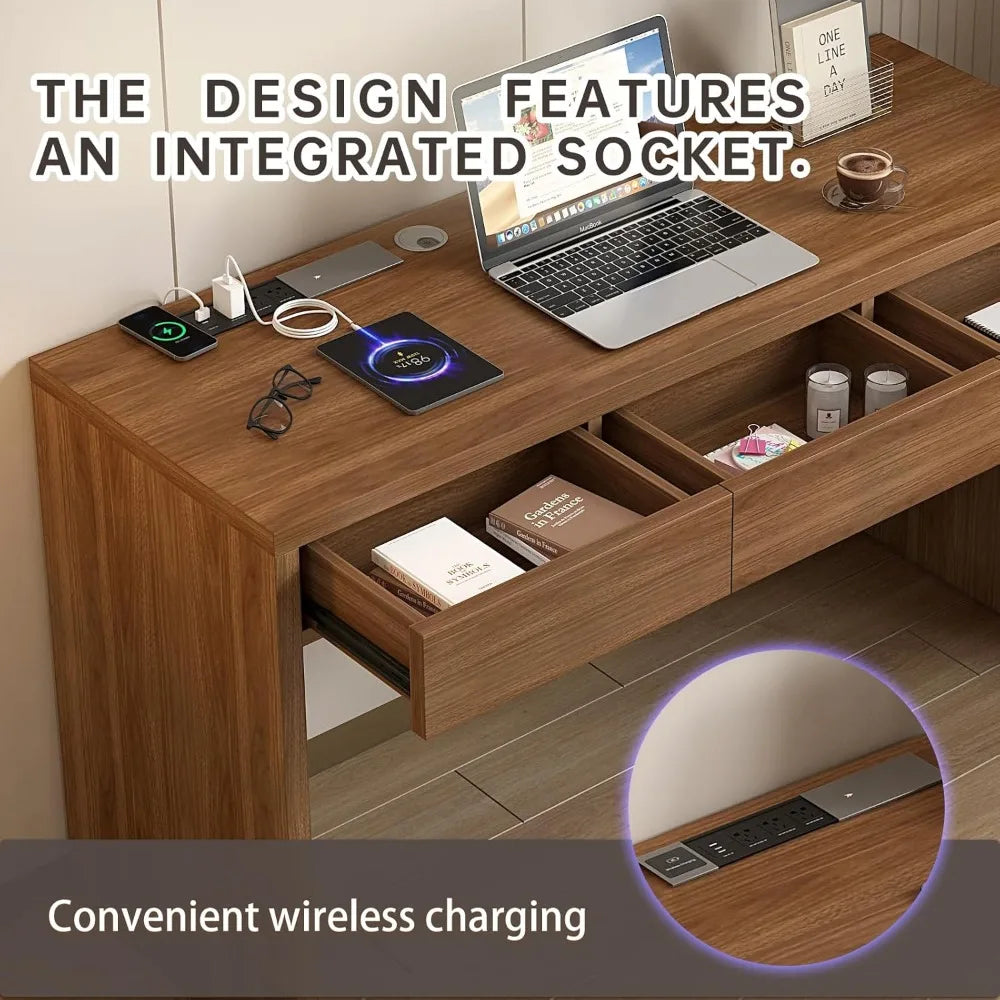 55 Inch Office Desk with Built-In USB Outlet and 3 Drawers for Home Office