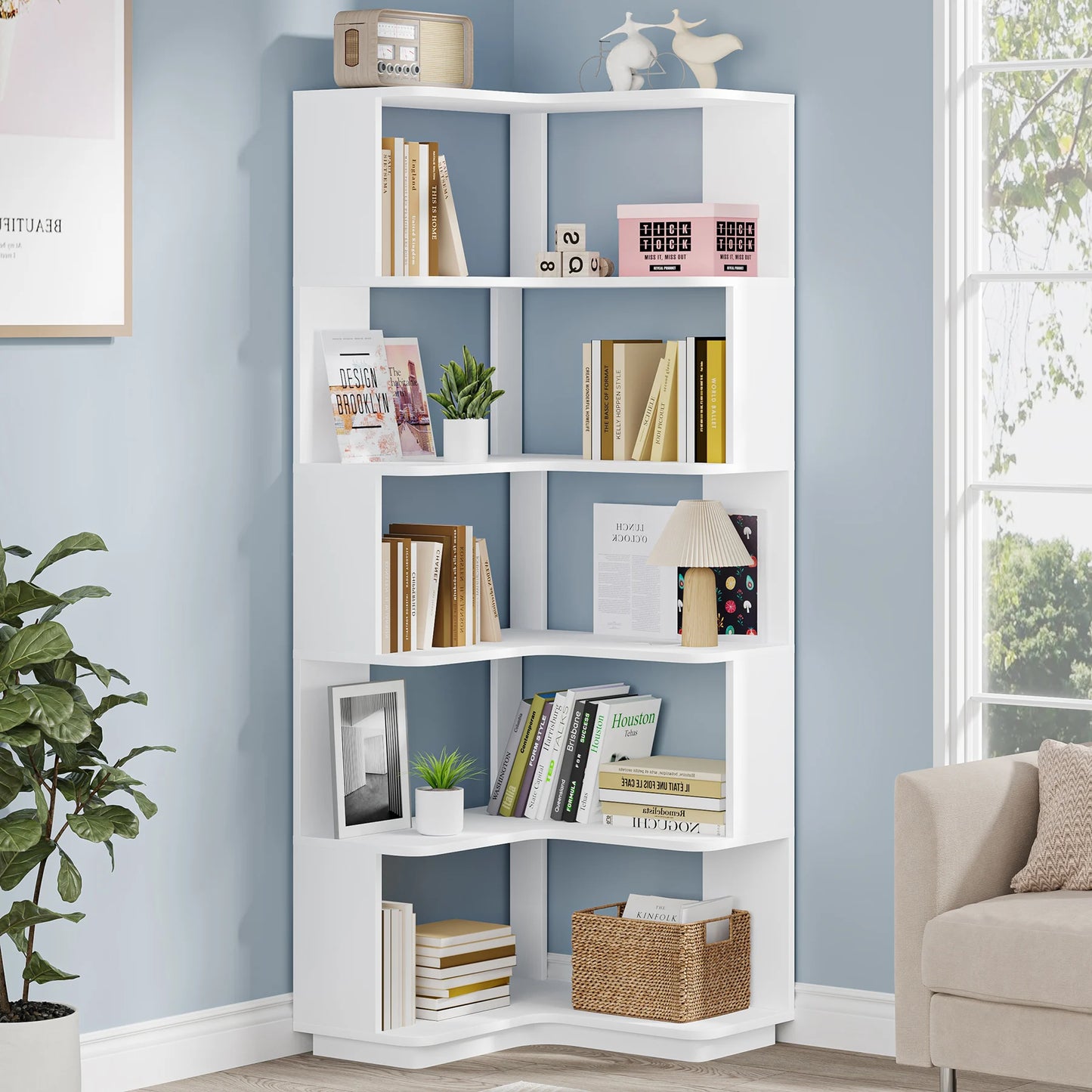 Ljustra 6 Tier Corner Bookshelf Industrial Bookcase Space Saving Design