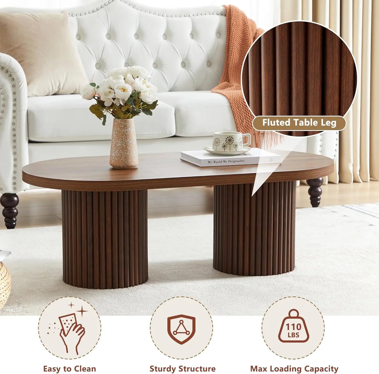 Oval Fluted Coffee Table Mid Century Modern Wooden Center Table Living Room