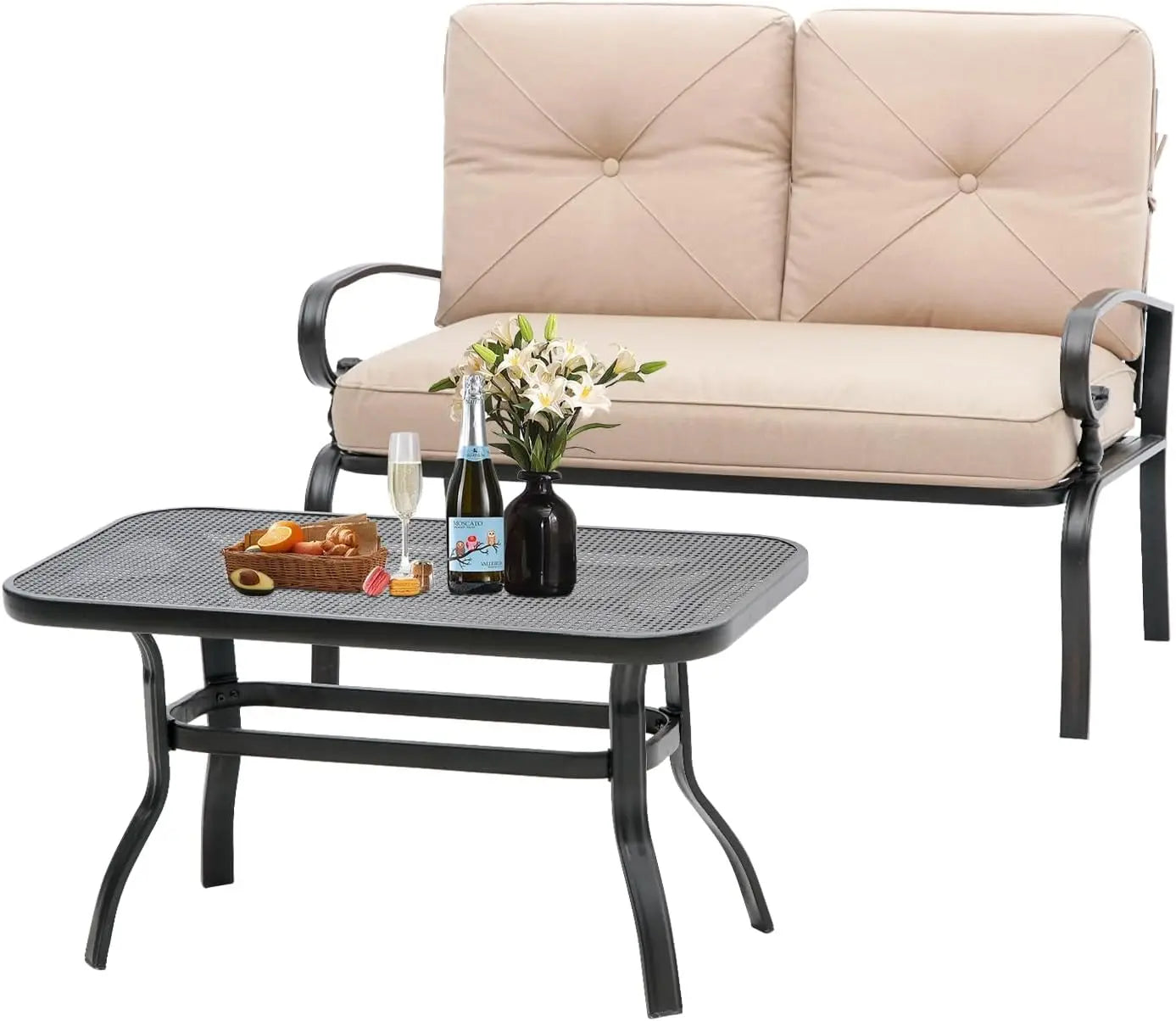 Outdoor Patio Loveseat Set with Thick Cushions and Coffee Table