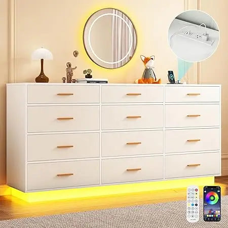 12 Drawer Dresser with Power Outlet LED Lights Storage Chest