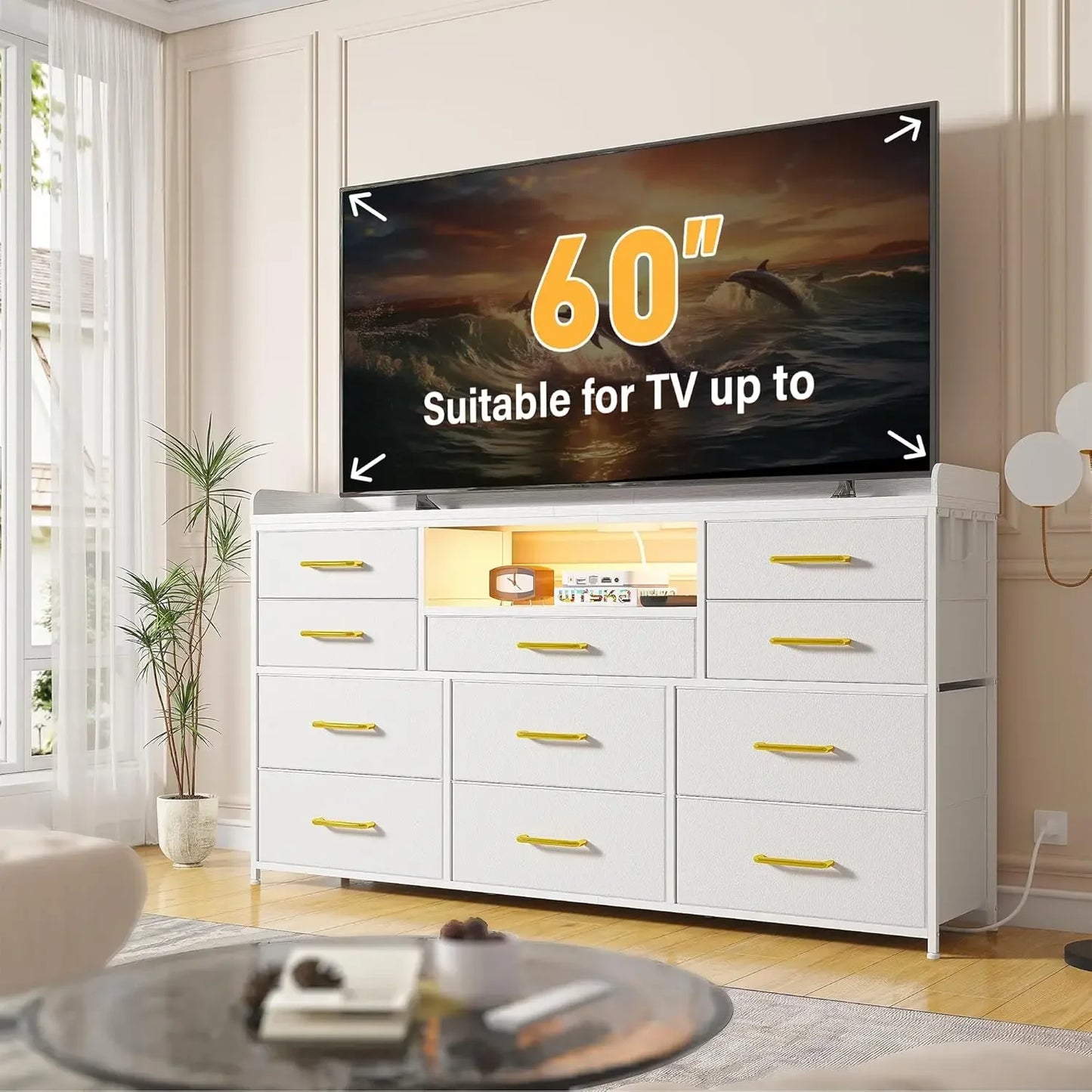 Ljustra Dresser with 11 Drawers LED Lights Charging Station for 60" TV
