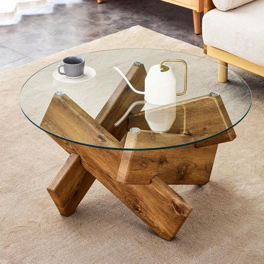 Mid Century Modern Round Coffee Table Glass Top Wood Finish 33.4 Inch