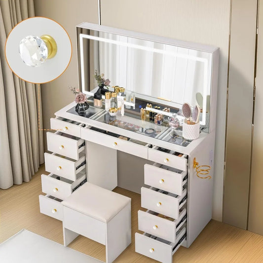 Glass Top Vanity Desk with 11 Drawers LED Mirror and Stool for Makeup
