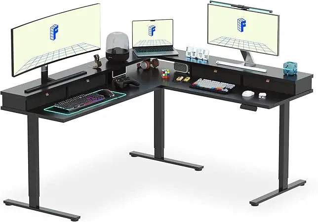 Large L Shaped Electric Standing Desk with Storage Drawers and Shelf