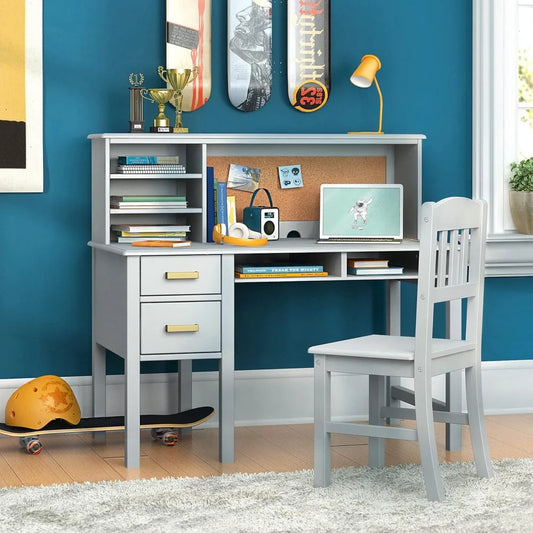 Kids Taiga Desk Chair Set with Hutch Storage Shelves Corkboard Drawers