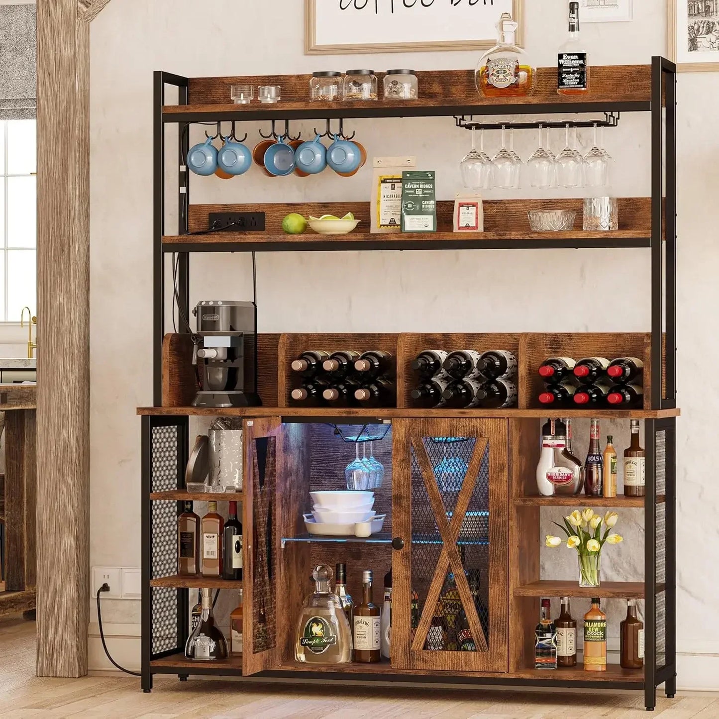 Coffee Bar Cabinet Industrial Buffet 3-Tier Liquor Storage Home Kitchen