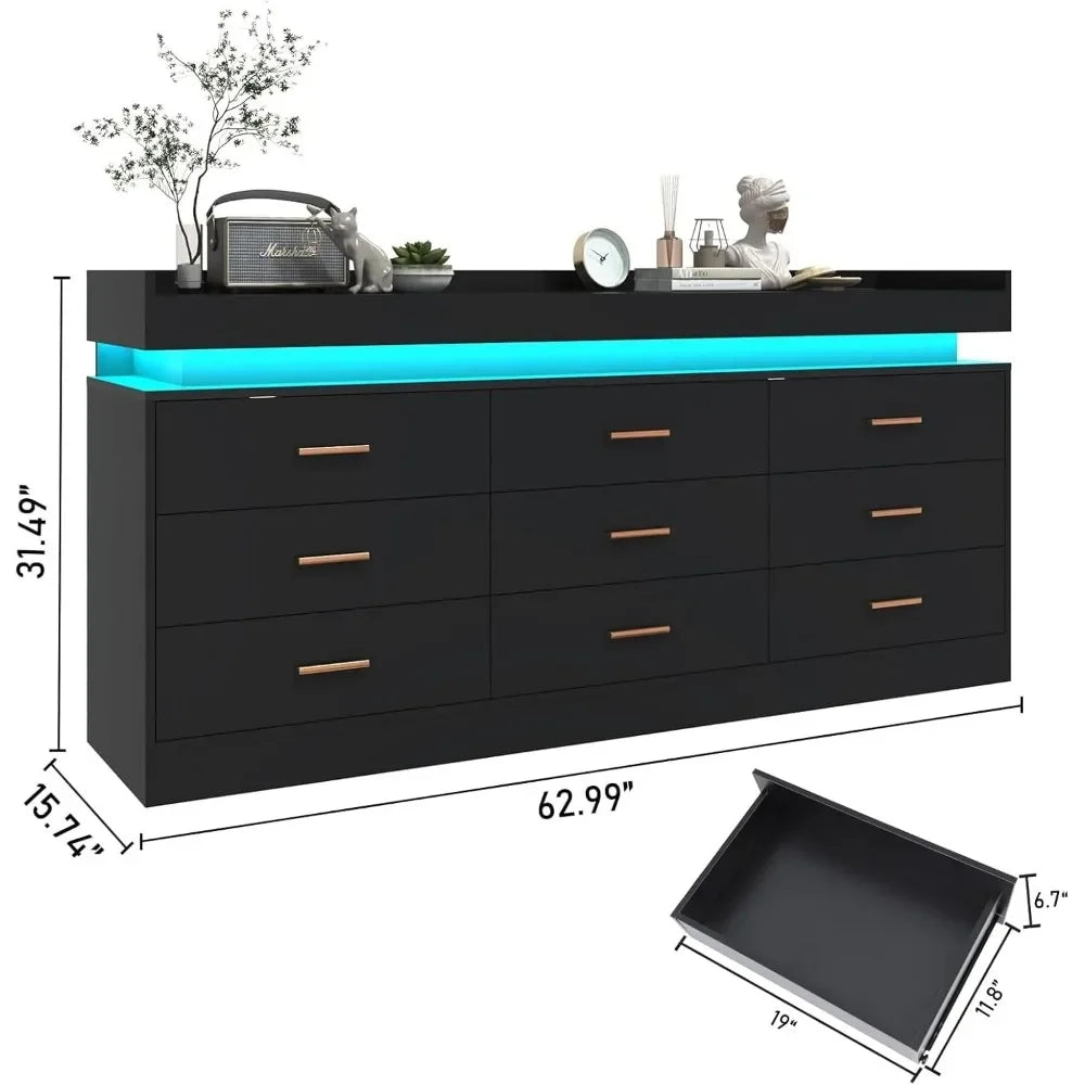 9 Drawer Dresser with Charging Station LED Lights Organizer Cabinet