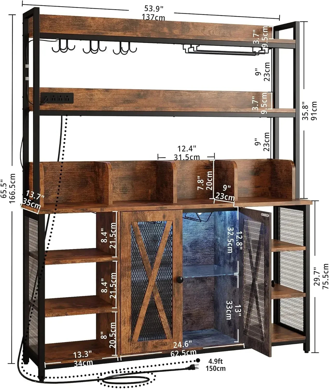 Coffee Bar Cabinet Industrial Buffet 3-Tier Liquor Storage Home Kitchen