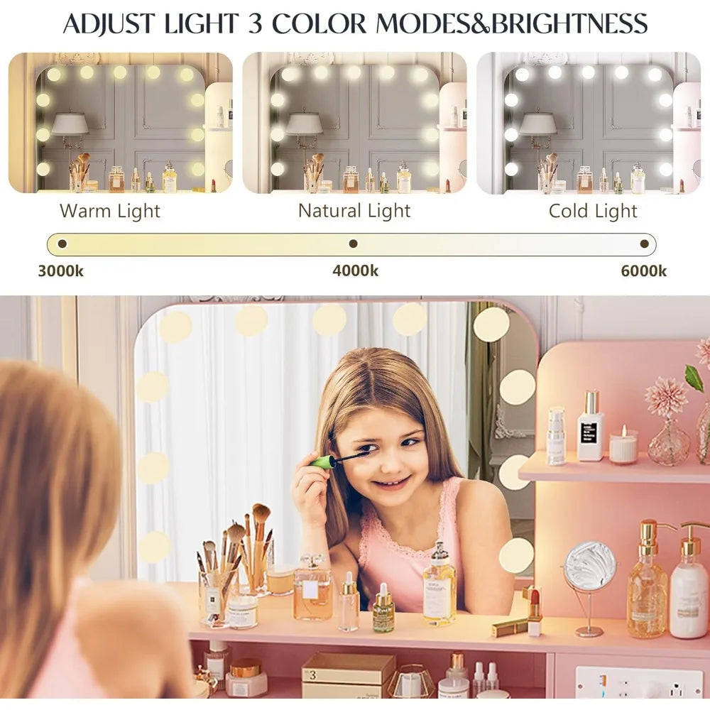 Makeup Vanity Desk with Lighted Mirror and Power Outlet for Bedroom