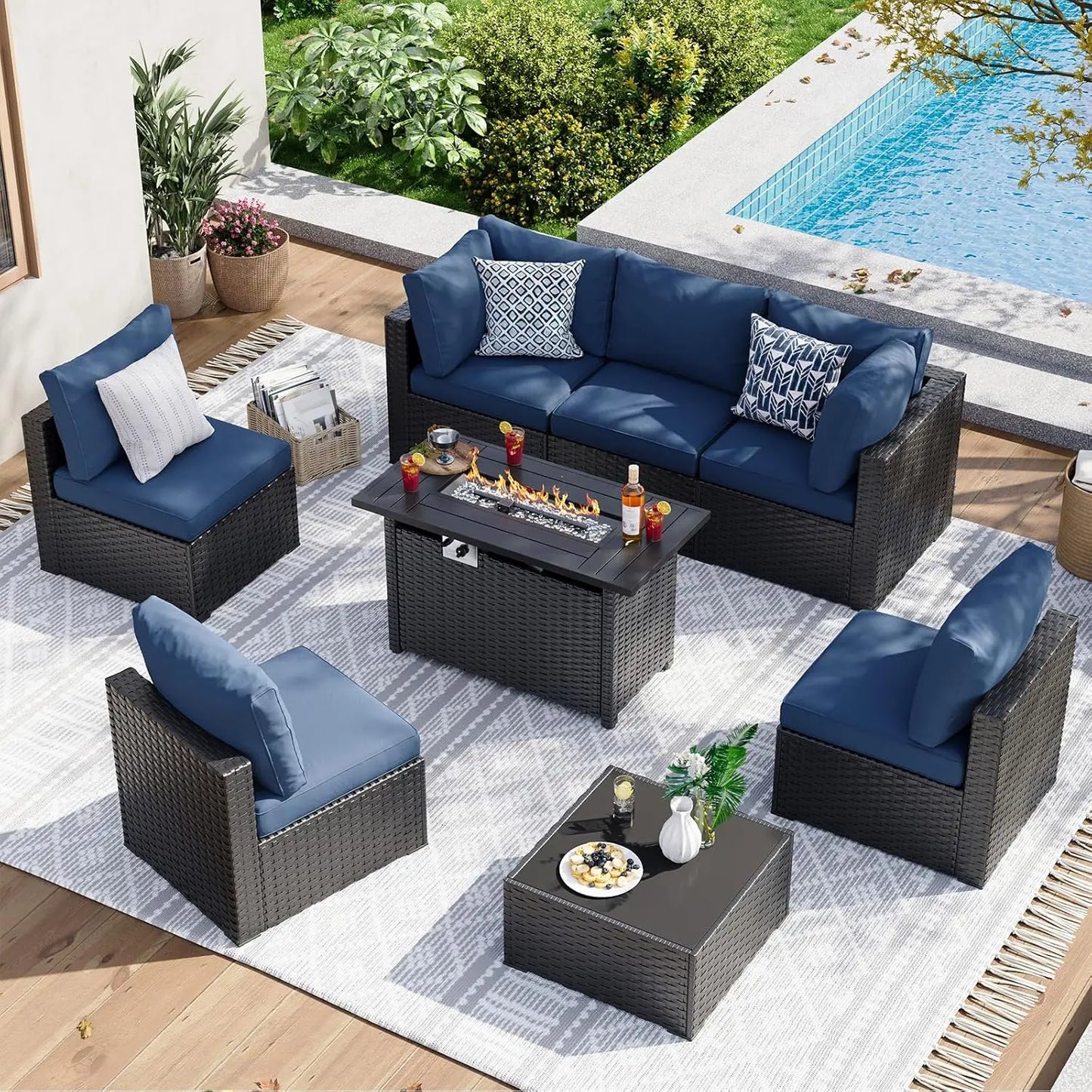 7 Piece Wicker Rattan Patio Garden Furniture Set with Cushions