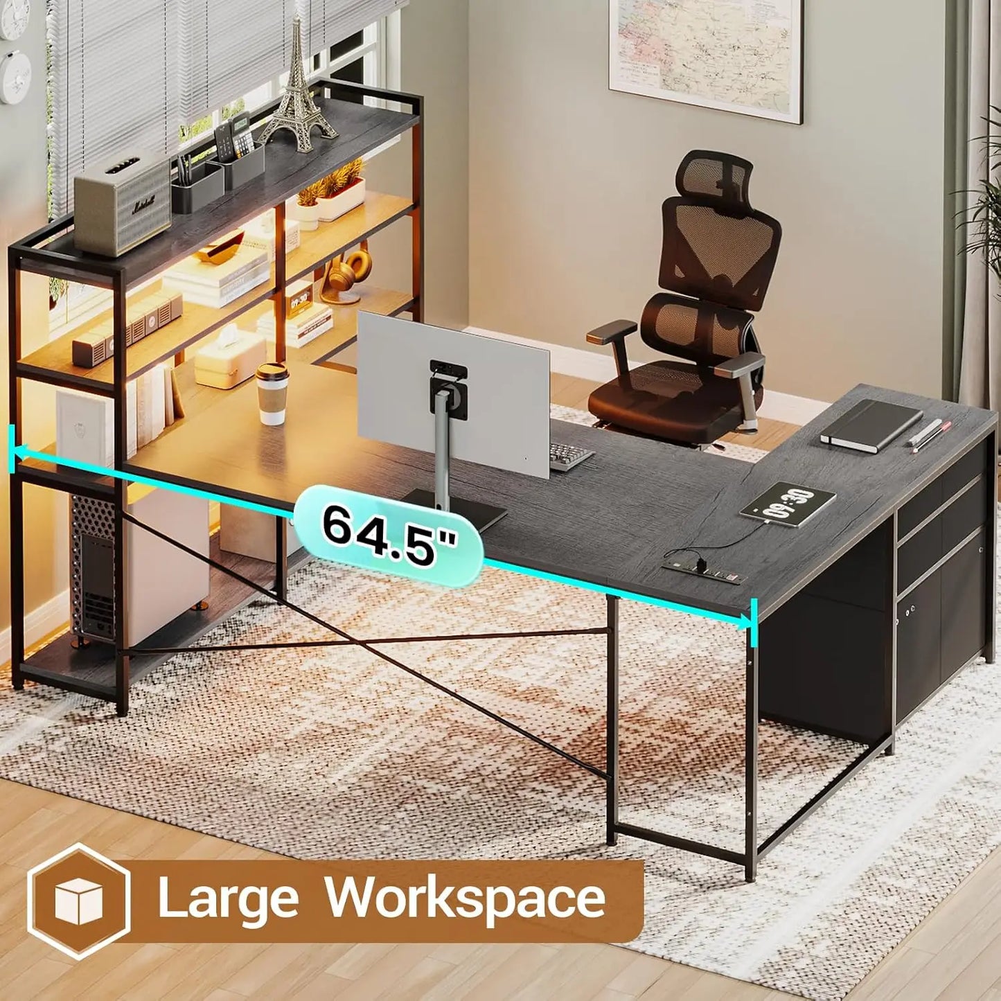 Reversible U Shaped Computer Desk with 3 Drawers Power Outlet LED Lights