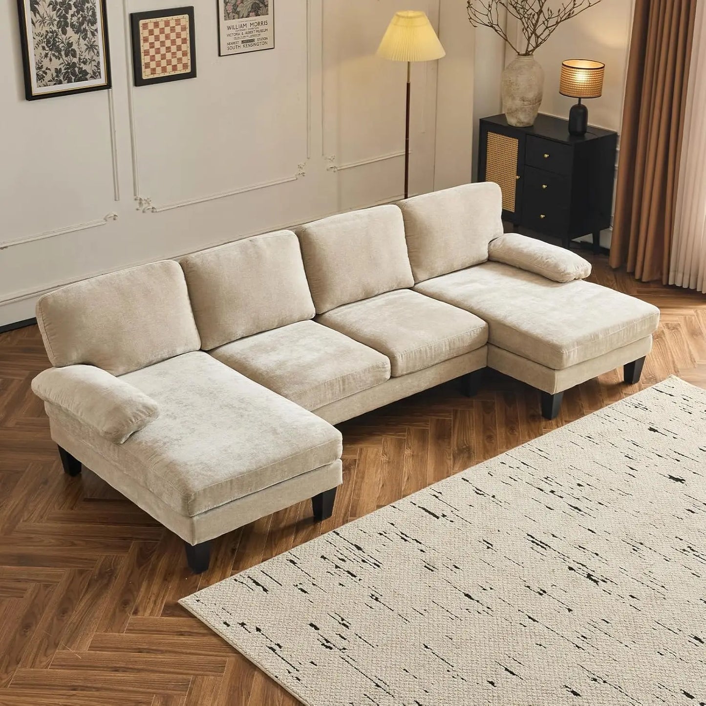 Ljustra Modern U-Shape Couch, 4-Seat Chenille Sectional Sofa, Burnt Orange, 110"