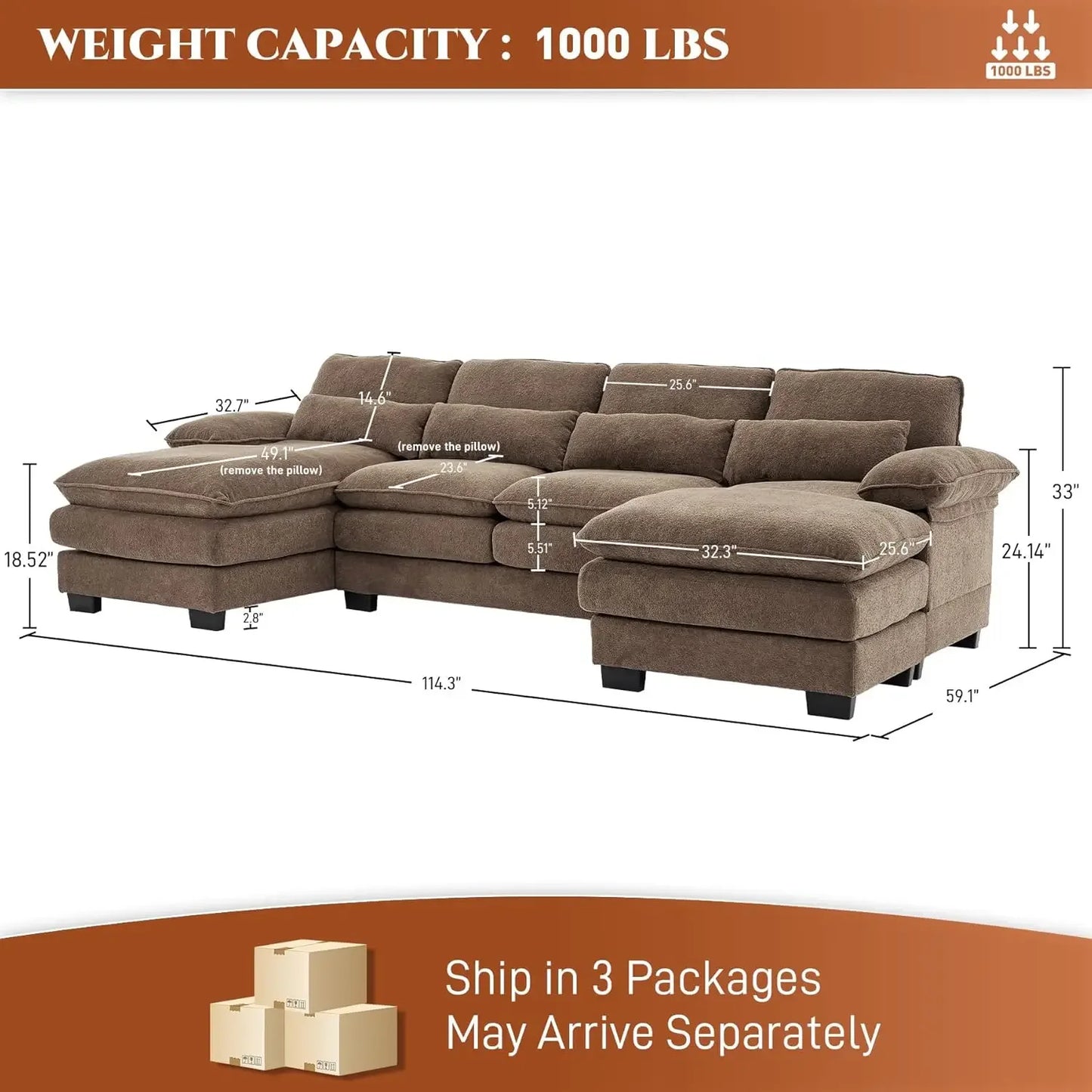 Ljustra U Shape Sectional Sofa Cloud Couch Living Room Comfy Modular Sofa