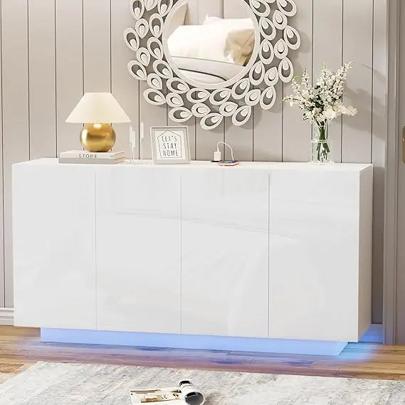 White Buffet Cabinet Sideboard Storage Coffee Bar with LED Lights