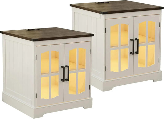 Farmhouse End Table Set of 2 with Charging Station LED Light