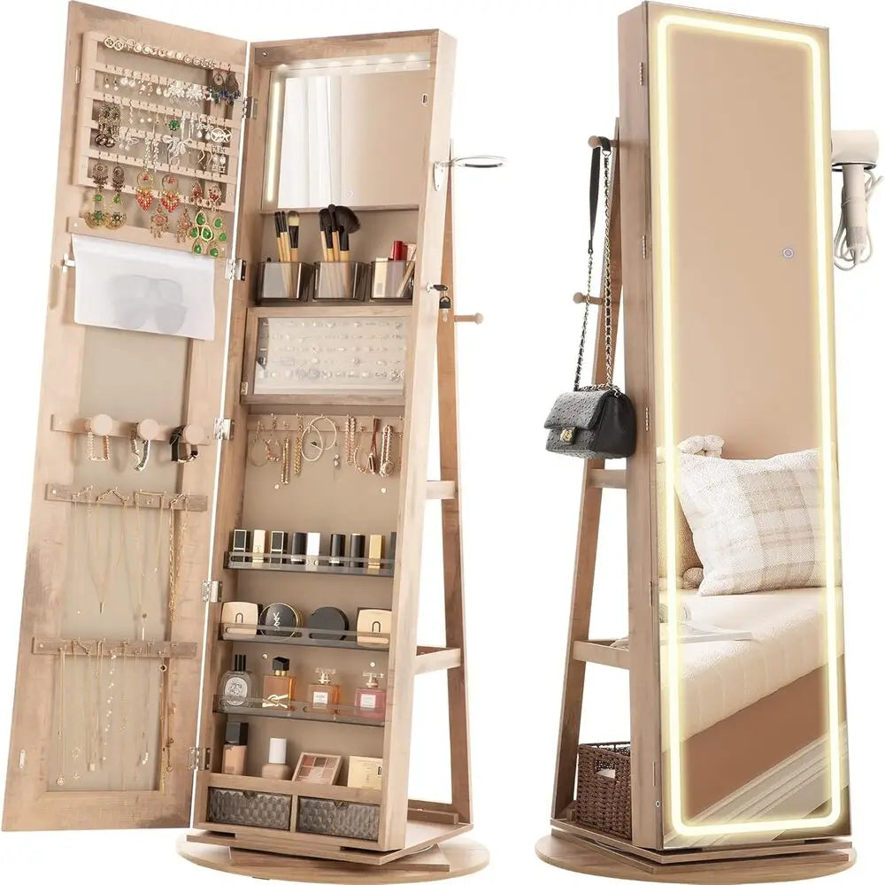 Ljustra LED Mirror Jewelry Cabinet 360° Swivel Lockable Armoire