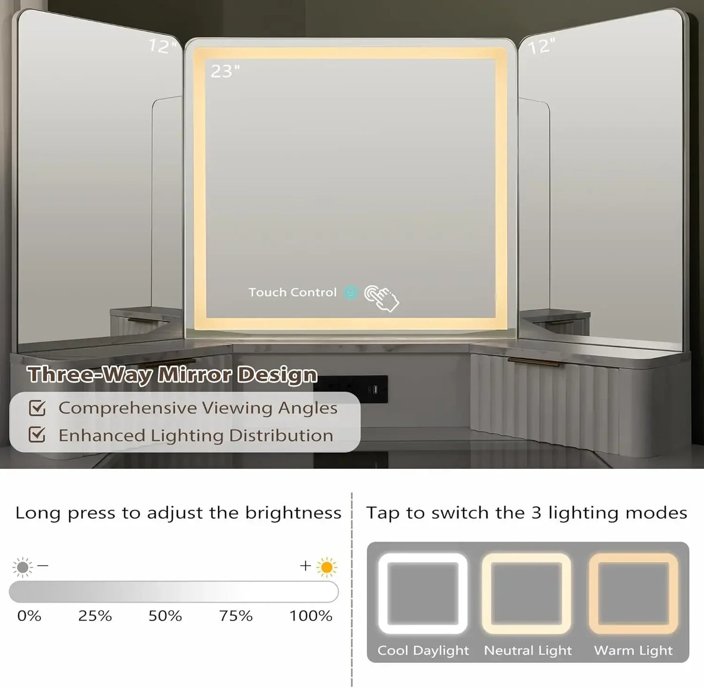Fluted Makeup Vanity Desk with 3 Way Mirror Lights Charging Station Storage