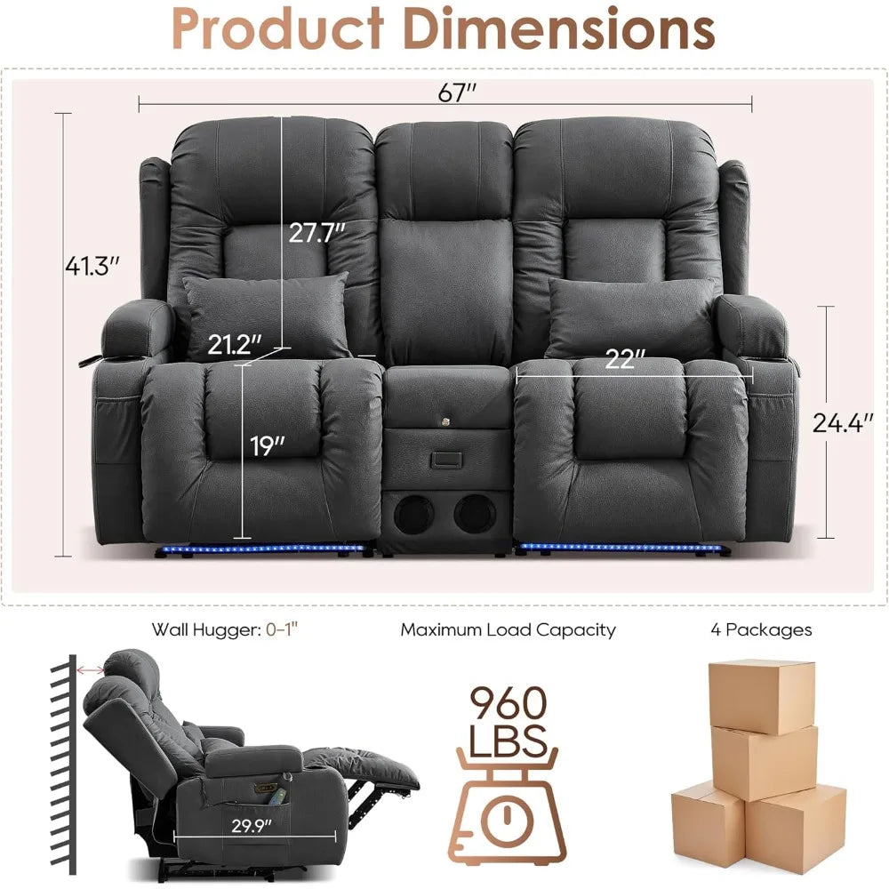 Reclining Loveseat with Console USB Speaker LED Light Storage