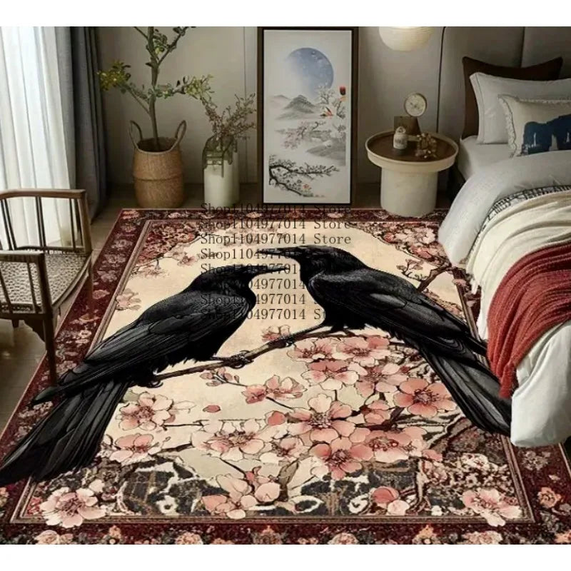 Black Crows Cherry Blossoms Print Rug Soft Non-Slip Home Decor