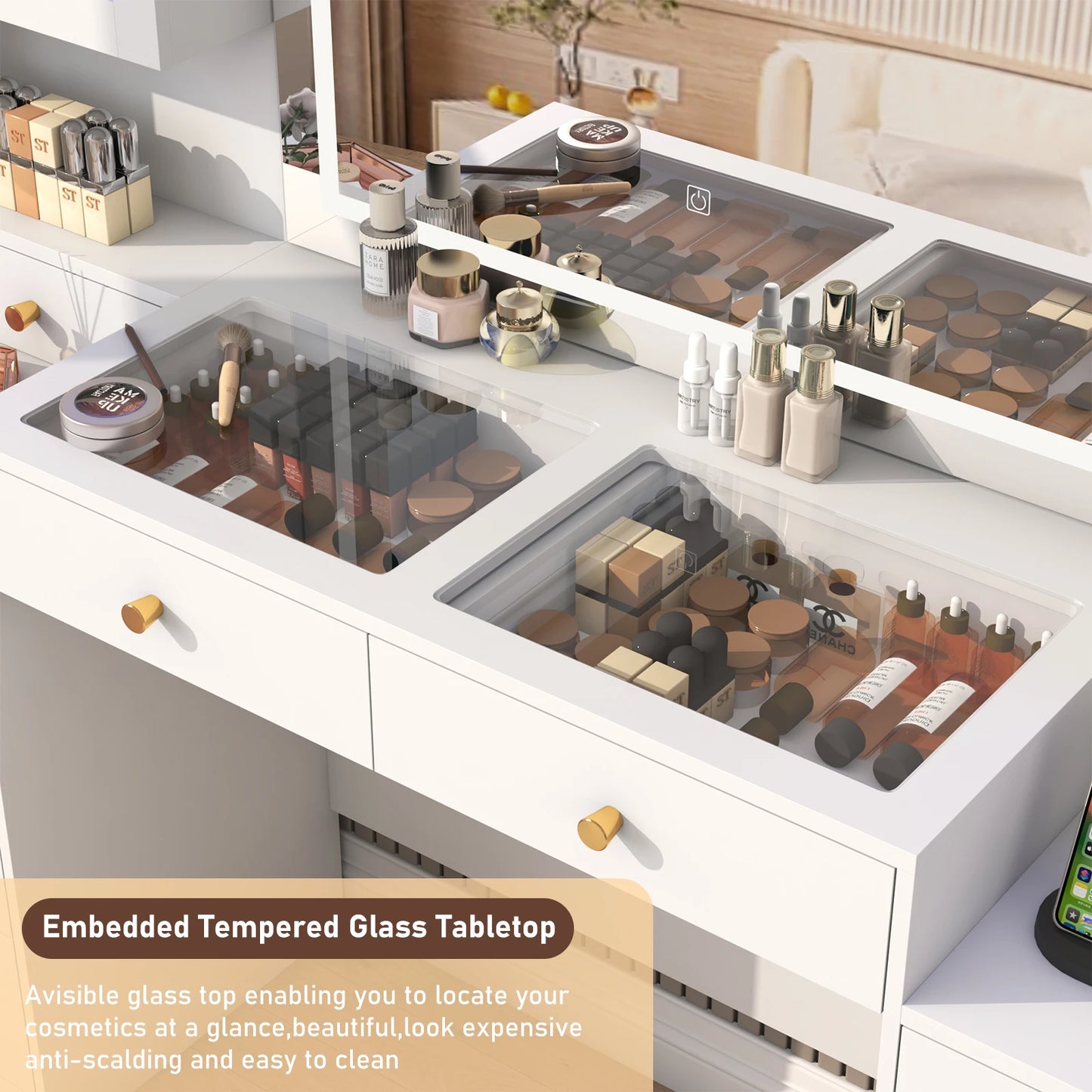 61.7" Large Vanity Desk with Mirror Lights Charging Station Storage