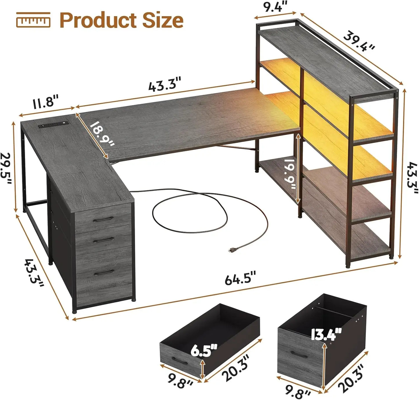Reversible U Shaped Computer Desk with 3 Drawers Power Outlet LED Lights