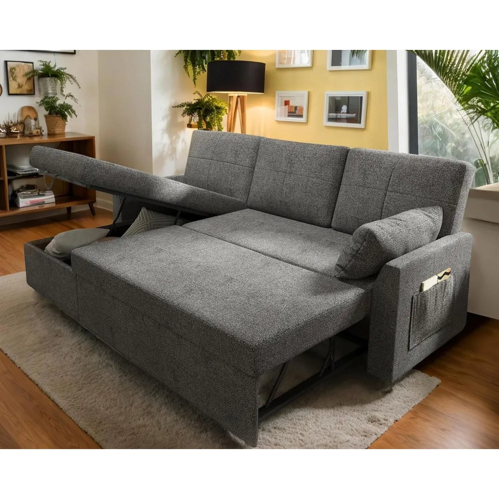 L-Shaped Sleeper Sofa Bed w/ Pull-Out & Storage Chaise – Chenille Fabric, Convertible Couch, Grey
