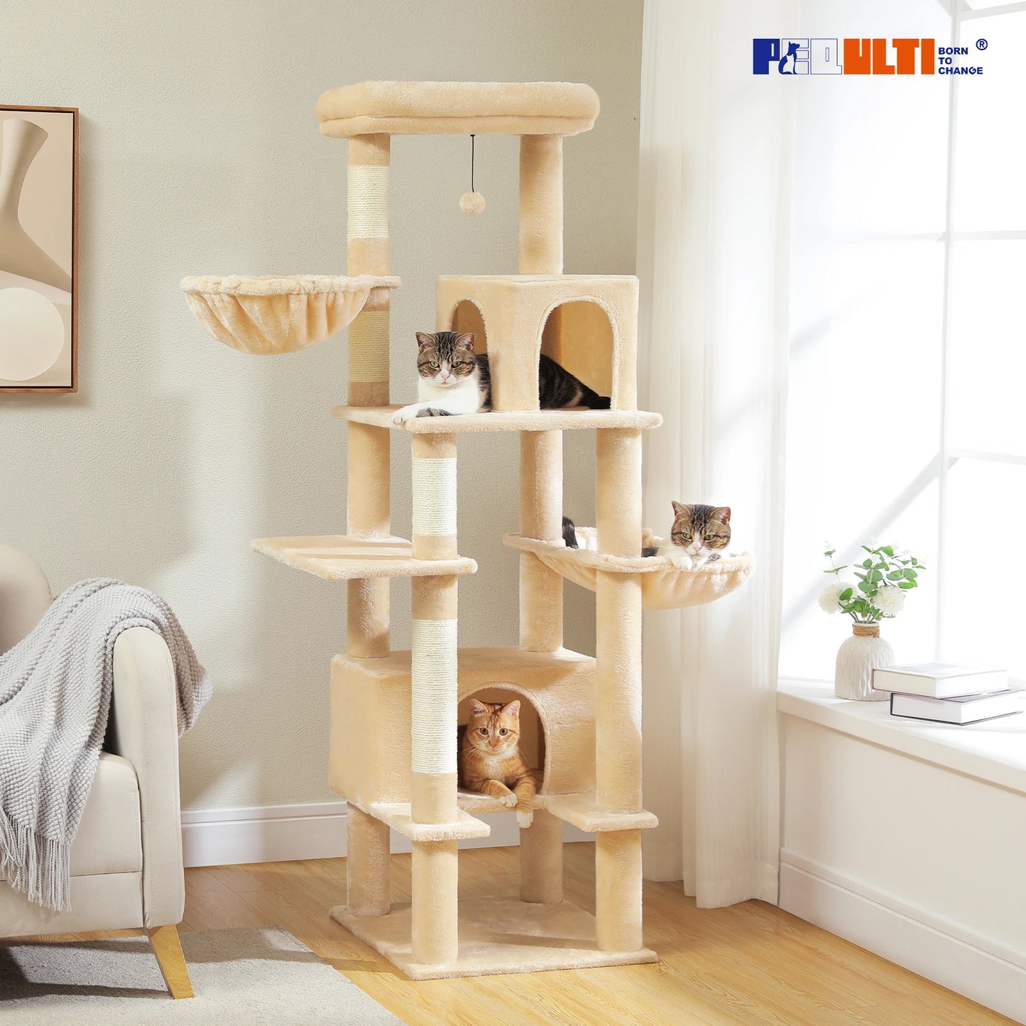 Cat Tree Large Metal Hammock 2 Condos Scratching Post for Indoor Cats