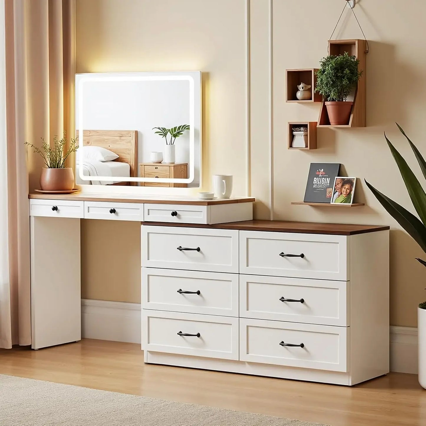 Makeup Vanity Desk with Mirror LED Lights Charging Storage Glass Top