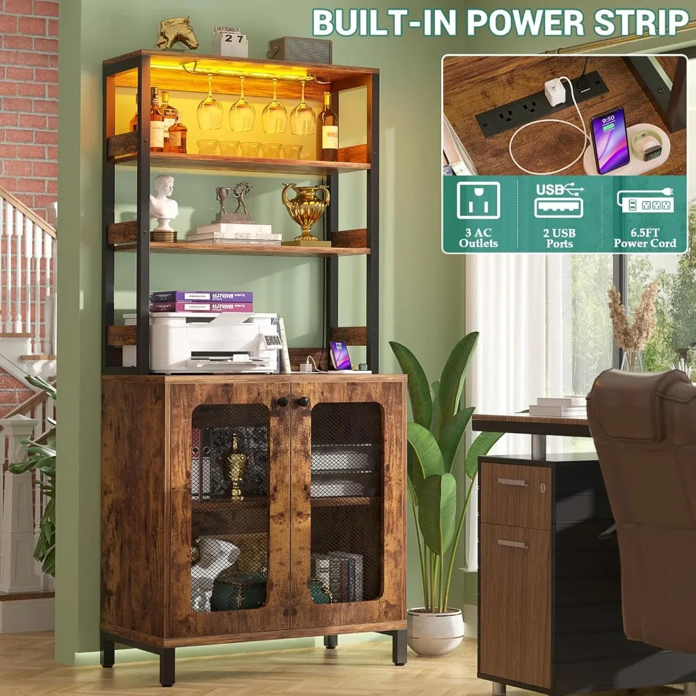 Bar Cabinet with Power Outlets LED Lights Wine Storage 67" Tall