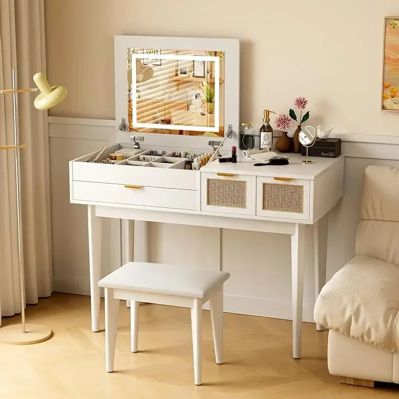 Ljustra LED Lighted Vanity Desk with Openable Mirror and Storage Stool